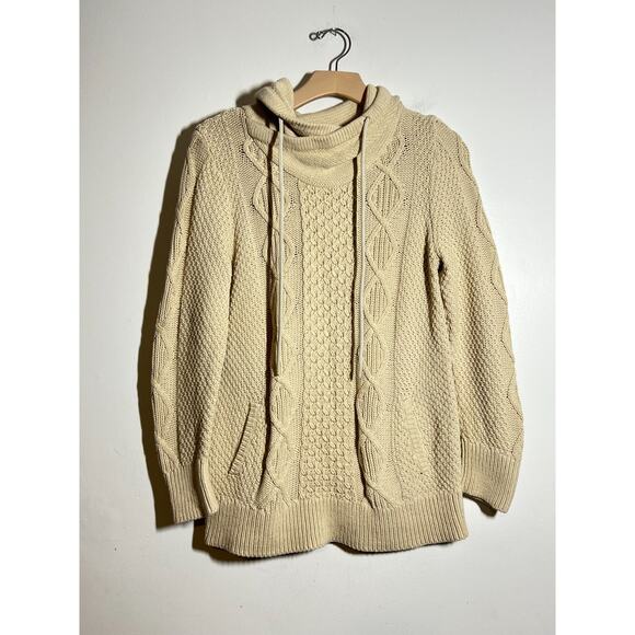 LL Bean Signature Cream Cotton Funnelneck Pullover Cable Fisherman Sweater M - Picture 1 of 8